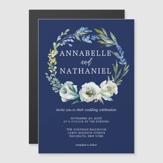 ネイビーエレガントブルーフローラリースウィンターウェディング マグネット招待状 (正面/裏面)