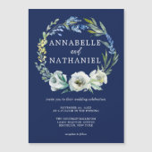 ネイビーエレガントブルーフローラリースウィンターウェディング マグネット招待状 (正面)