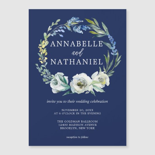 ネイビーエレガントブルーフローラリースウィンターウェディング マグネット招待状 (正面)
