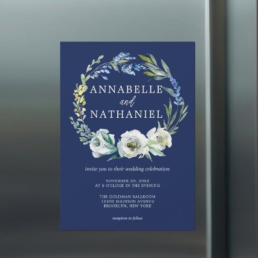 ネイビーエレガントブルーフローラリースウィンターウェディング マグネット招待状