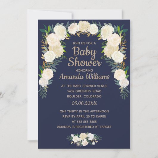 ネイビーエレガントブルーフローラリースベビーシャワー 招待状 (正面)