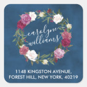 ネイビーエレガントブルーフローラリース差出人住所 スクエアシール (正面)