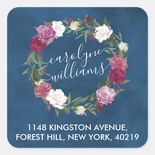 ネイビーエレガントブルーフローラリース差出人住所 スクエアシール (正面)