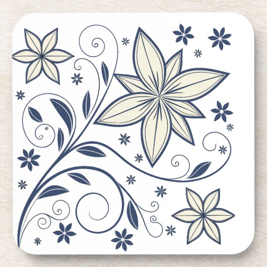 ネイビーエレガントブルーフローラルパターン | コースター (正面)
