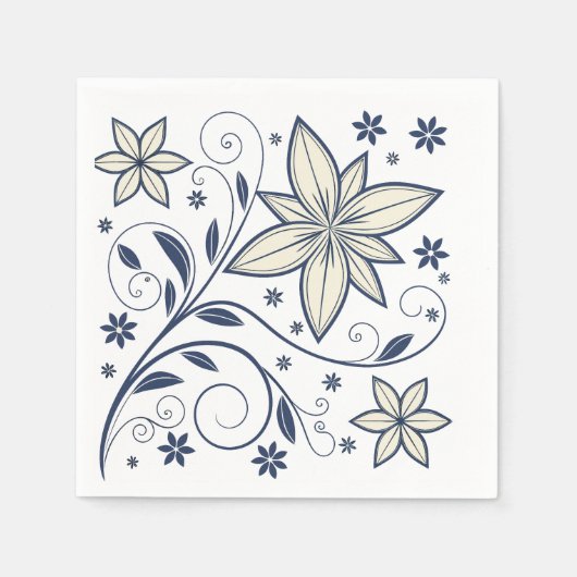 ネイビーエレガントブルーフローラルパターン | スタンダードカクテルナプキン (正面)