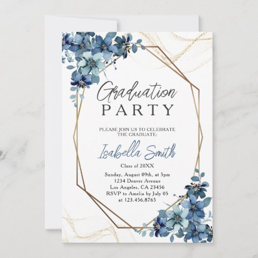 ネイビーエレガントブルーフローラ卒業パーティー写真 招待状 (正面)
