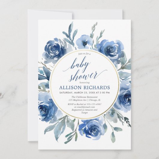 ネイビーエレガントブルーフローラ牡丹ボーイシャワー 招待状 (正面)