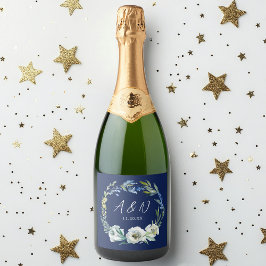 ネイビーエレガントブルーフローラ結婚ズモノグラム スパークリングワインラベル