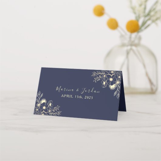 ネイビーエレガントブルーフローラ結婚ズ座席表 プレイスカード (裏面)