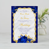 ネイビーエレガントブルーフローラ結婚ズ金ゴールド 箔招待状 (立ち正面)