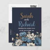 ネイビーエレガントブルーフローラ結婚式招待状 ポストカード (正面/裏面)