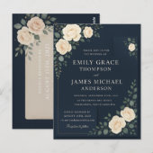 ネイビーエレガントブルーフローラ結婚式招待状 ポストカード (正面/裏面)