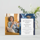 ネイビーエレガントブルーフローラ退職パーティー写真 招待状 (スタンド正面)