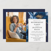 ネイビーエレガントブルーフローラ退職パーティー写真 招待状 (正面/裏面)