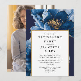 ネイビーエレガントブルーフローラ退職パーティー写真 招待状