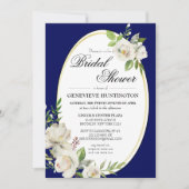ネイビーエレガントブルーフローラ金ゴールドブライダルシャワー 招待状 (正面)