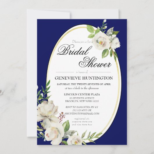 ネイビーエレガントブルーフローラ金ゴールドブライダルシャワー 招待状 (正面)