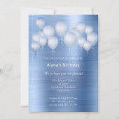 ネイビーエレガントブルーブラシ仕上げメタルバロン誕生日 招待状 (正面)
