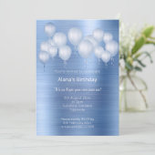 ネイビーエレガントブルーブラシ仕上げメタルバロン誕生日 招待状 (スタンド正面)