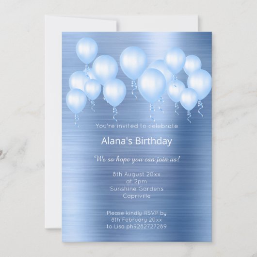 ネイビーエレガントブルーブラシ仕上げ金属模様誕生日 招待状 (正面)