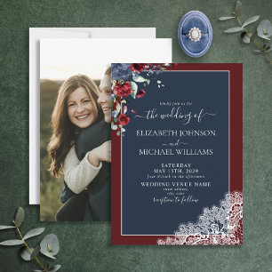 ネイビーエレガントブルーブルゴーニュの脚本写真結婚の写真 招待状