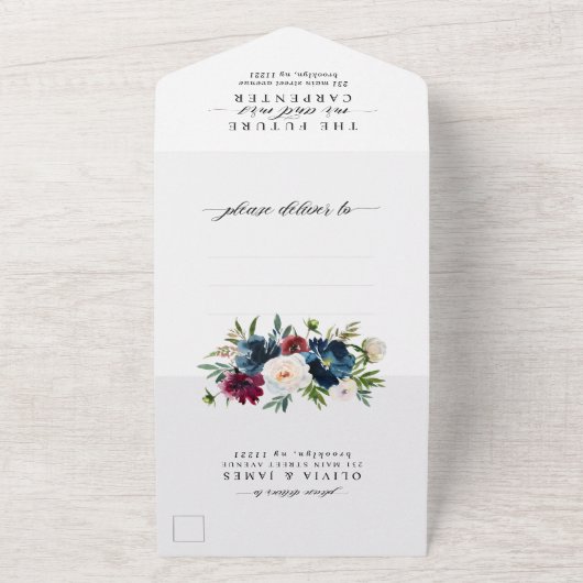 ネイビーエレガントブルーブルゴーニュフローラ写真結婚の オールインワン招待状 (外側)