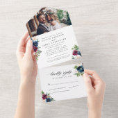 ネイビーエレガントブルーブルゴーニュフローラ写真結婚の オールインワン招待状 (貼ってはがせる)