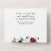 ネイビーエレガントブルーブルゴーニュフローラ写真結婚の オールインワン招待状 (裏面)