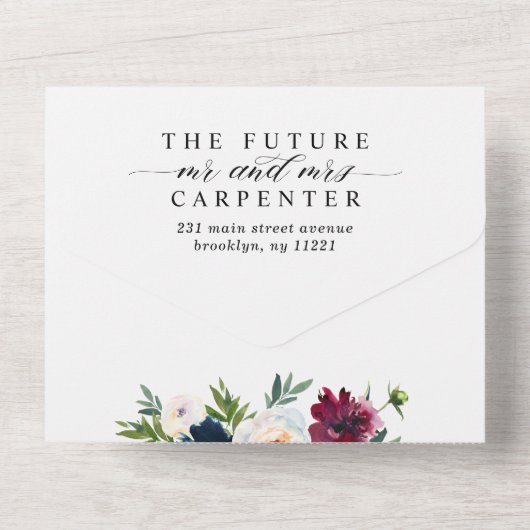 ネイビーエレガントブルーブルゴーニュフローラ写真結婚の オールインワン招待状 (裏面)