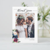 ネイビーエレガントブルーブルゴーニュフローラ写真結婚の サンキューカード (スタンド正面)