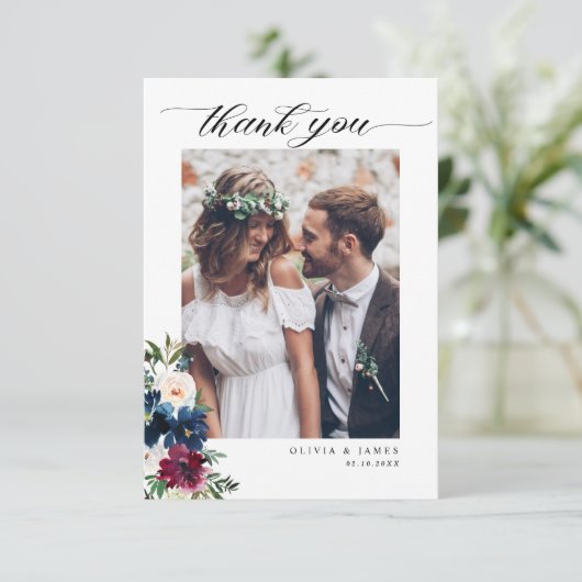 ネイビーエレガントブルーブルゴーニュフローラ写真結婚の サンキューカード (スタンド正面)