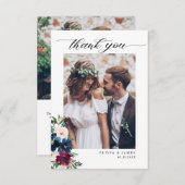 ネイビーエレガントブルーブルゴーニュフローラ写真結婚の サンキューカード (正面/裏面)