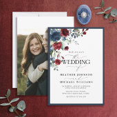 ネイビーエレガントブルーブルゴーニュフローラ水彩写真 招待状