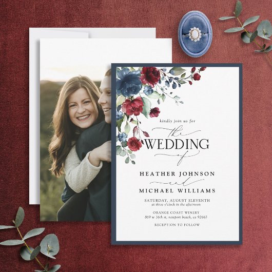 ネイビーエレガントブルーブルゴーニュフローラ水彩写真 招待状