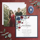 ネイビーエレガントブルーブルゴーニュフローラ水彩写真 招待状