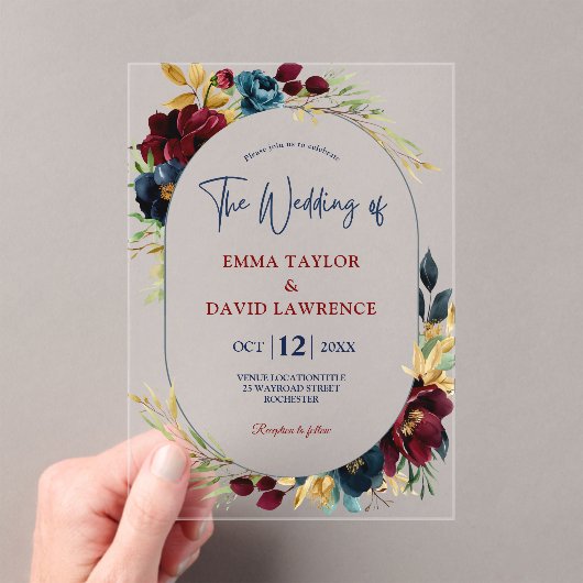 ネイビーエレガントブルーブルゴーニュフローラ結婚ズ アクリル招待状 (インサイチュ (ポータブル))