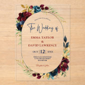 ネイビーエレガントブルーブルゴーニュフローラ結婚ズ アクリル招待状 (正面)