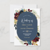 ネイビーエレガントブルーブルゴーニュフローラ結婚ズ サンキューカード (正面)