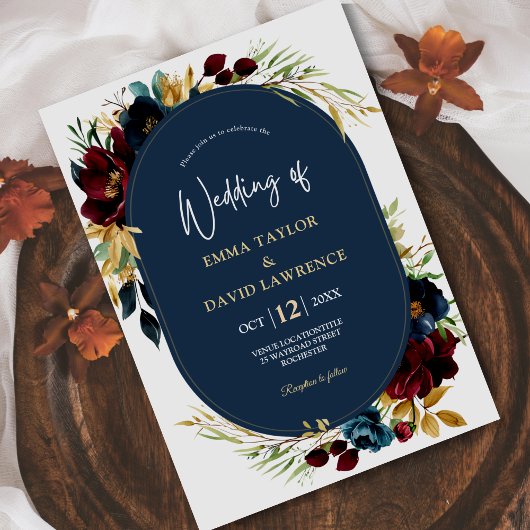 ネイビーエレガントブルーブルゴーニュフローラ結婚ズ サンキューカード