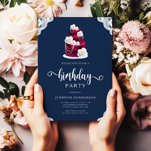 ネイビーエレガントブルーブルゴーニュフローラ誕生日 招待状