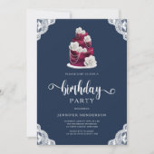 ネイビーエレガントブルーブルゴーニュフローラ誕生日 招待状 (正面)