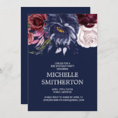 ネイビーエレガントブルーブルゴーニュフローラ50誕生日 招待状 (正面/裏面)