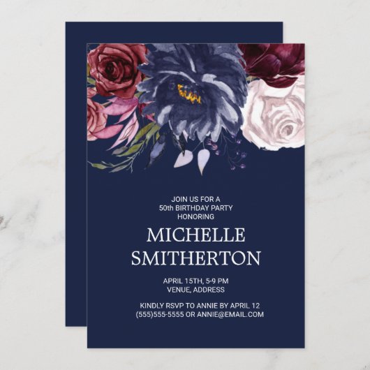 ネイビーエレガントブルーブルゴーニュフローラ50誕生日 招待状 (正面/裏面)
