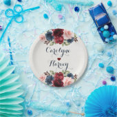 ネイビーエレガントブルーブルゴーニュ赤面の花結婚の数 ペーパープレート (パーティー)