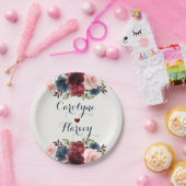 ネイビーエレガントブルーブルゴーニュ赤面の花結婚の数 ペーパープレート (パーティー)