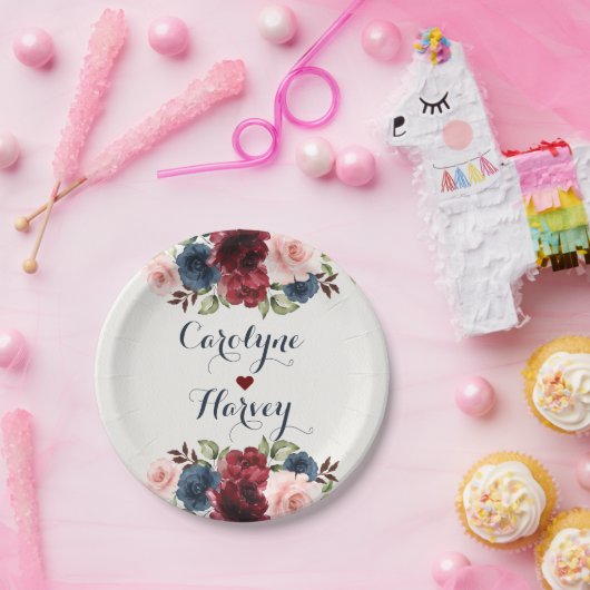 ネイビーエレガントブルーブルゴーニュ赤面の花結婚の数 ペーパープレート (パーティー)