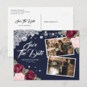 ネイビーエレガントブルーブルゴーニュ赤面フローラレース写真 案内ポストカード (正面/裏面)