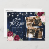 ネイビーエレガントブルーブルゴーニュ赤面結婚の写真 案内ポストカード (正面/裏面)