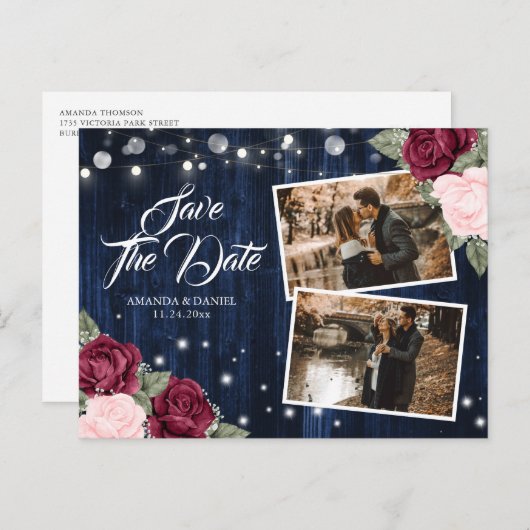 ネイビーエレガントブルーブルゴーニュ赤面結婚の写真 案内ポストカード (正面/裏面)