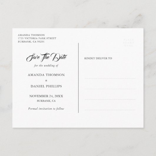 ネイビーエレガントブルーブルゴーニュ赤面結婚の写真 案内ポストカード (裏面)